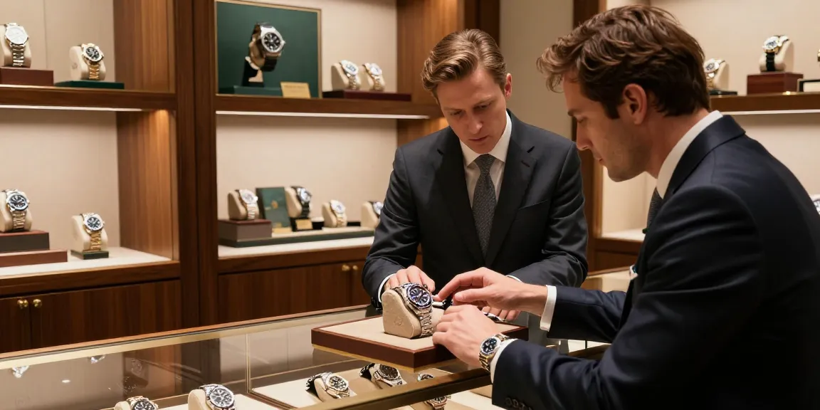 Showcasing a Rolex replica in a luxurious watch shop setting, emphasizing premium craftsmanship.