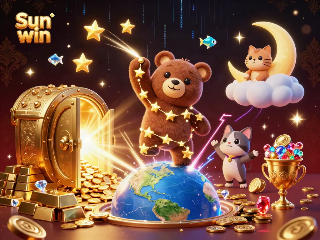 Experience excitement at Sun win with a constellation bear collecting coins in a vivid 3D illustration.
