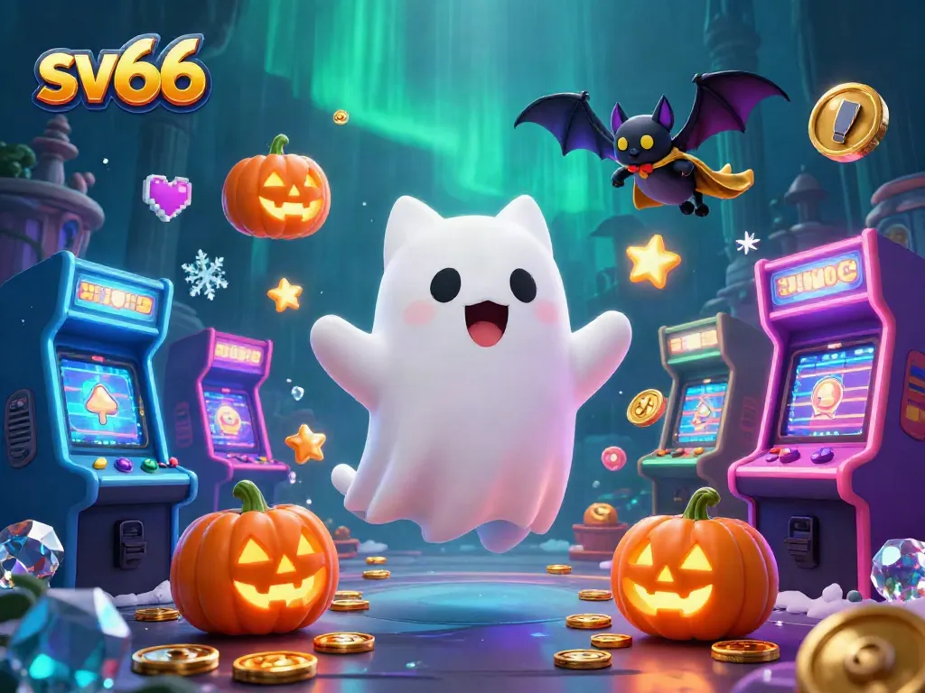 Play sv66 slots with a friendly ghost cat and vampire bat in a haunted casino scene.