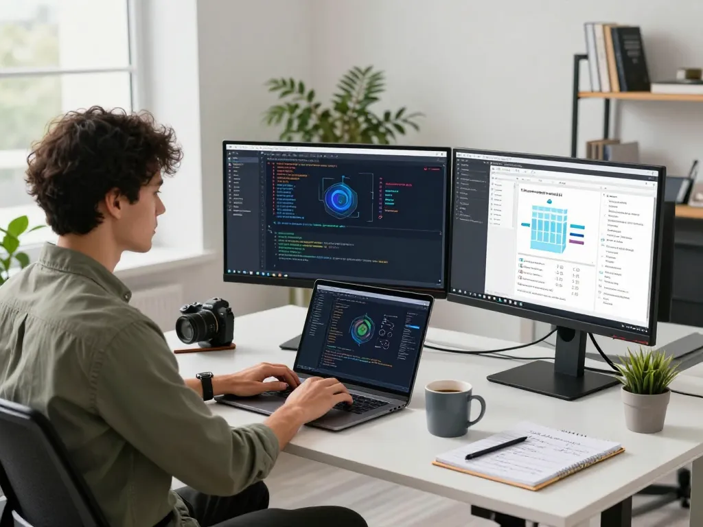 openclawd AI development environment showcasing a professional workspace with monitors, plants, and coding materials.