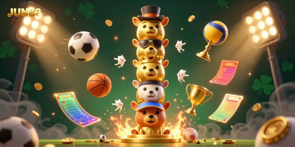 Experience thrilling sports betting with JUN88's dynamic casino elements in a captivating 3D illustration.