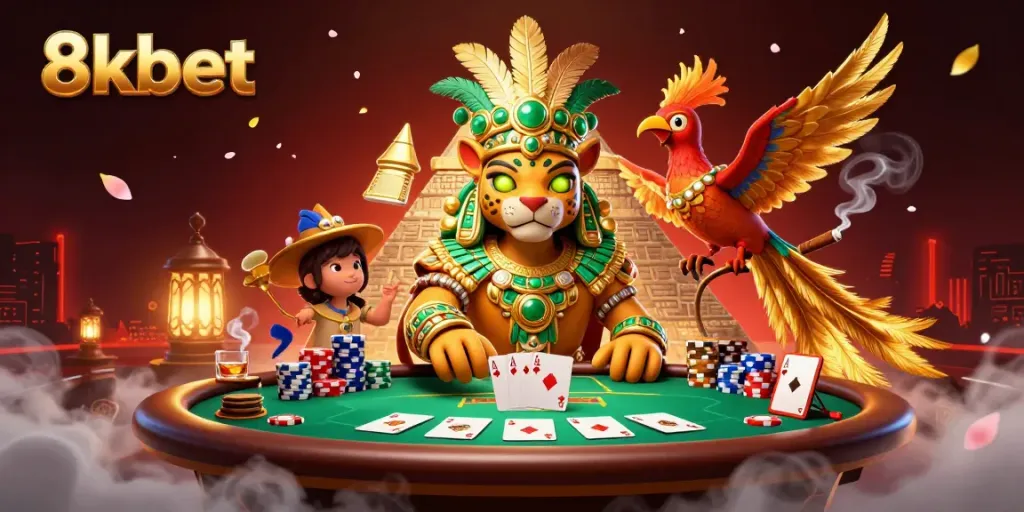 Engage with exciting poker action in 8xbet's vibrant casino illustration featuring dynamic characters and game elements.