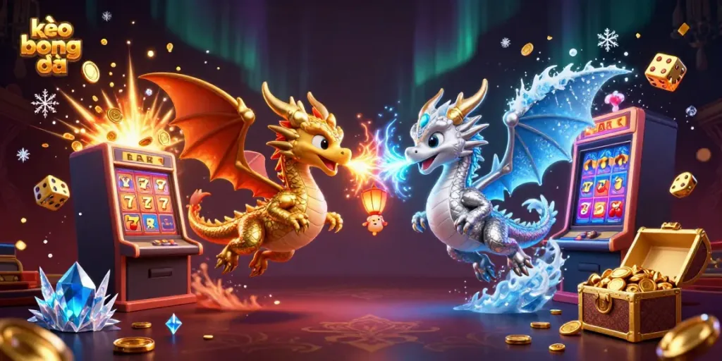 Engage with kèo bóng đá through a dynamic illustration with vibrant casino elements and twin dragons.
