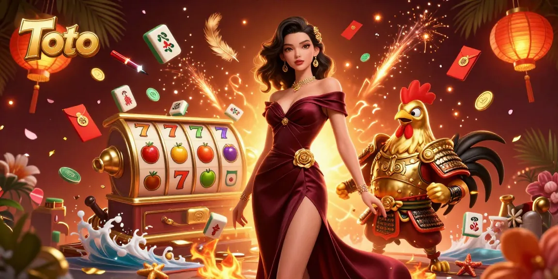 Engage in thrilling Toto gameplay with a glamorous woman and a samurai rooster warrior in this vibrant casino illustration.