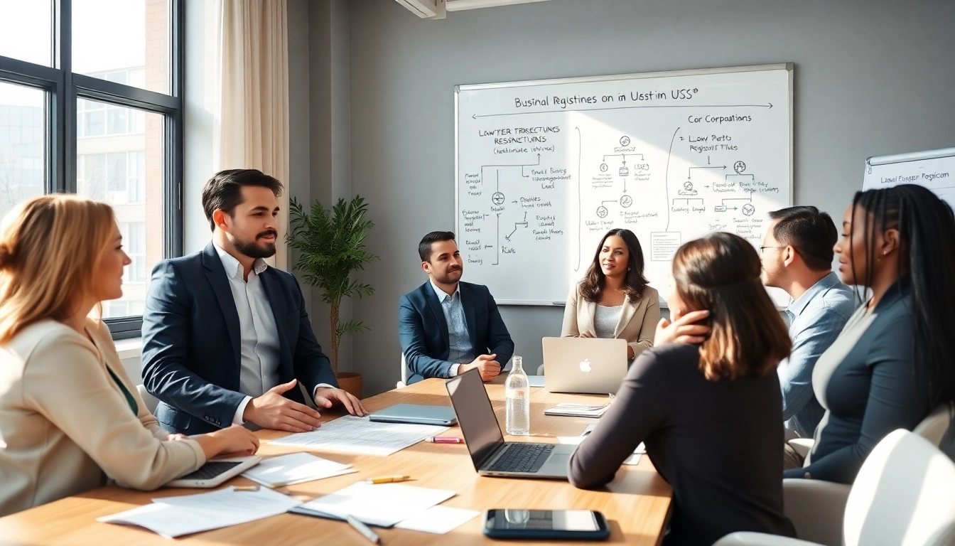 Lawyers for business setup in the US consulting with entrepreneurs, showcasing professionalism and collaboration.