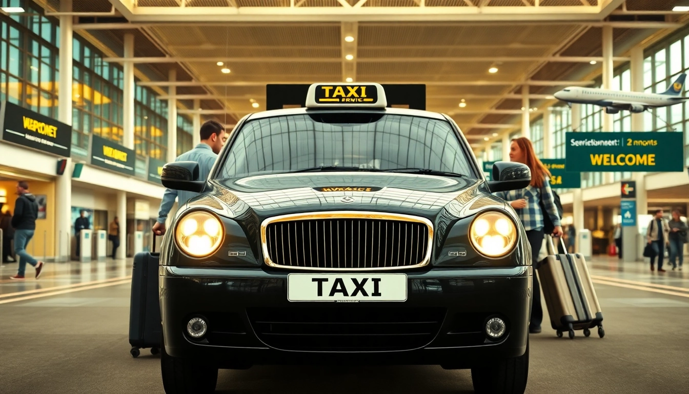 Taxi service at Gatwick Airport, showcasing a busy terminal with passengers and luggage.