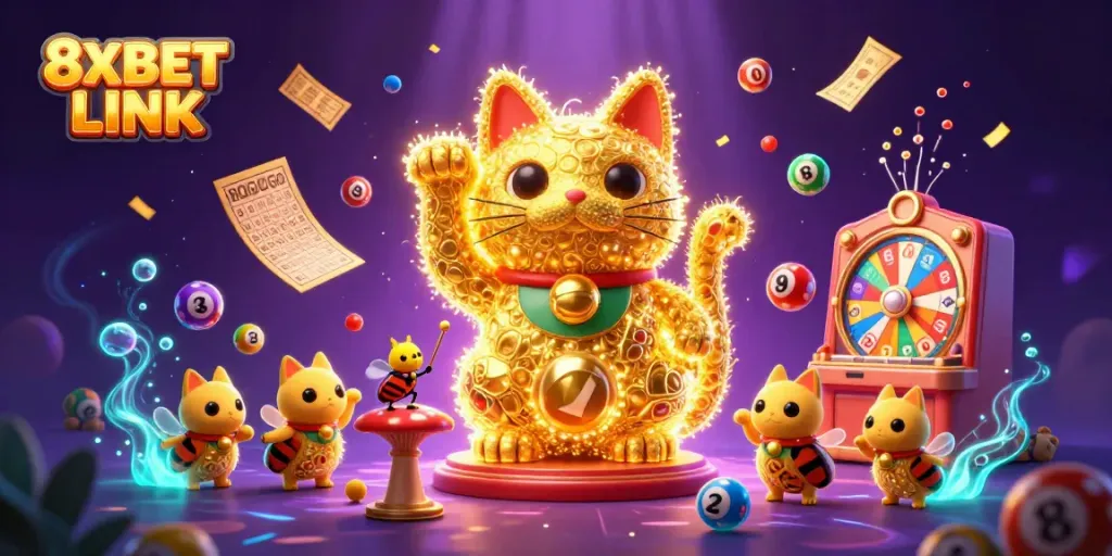 Experience winning with 8XBET LINK through a vibrant 3D casino illustration of a lucky cat.