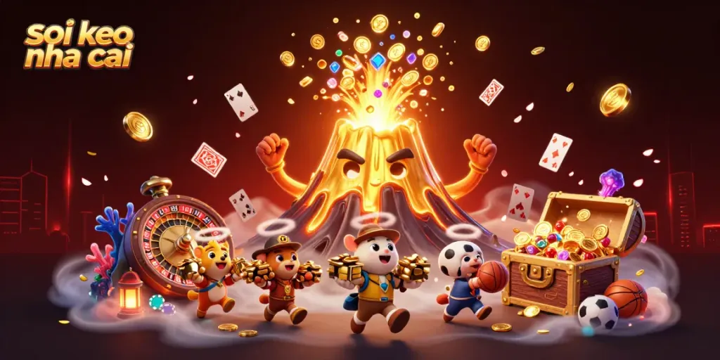 Soi keo nha cai showcases a dynamic casino scene with a golden volcano erupting coins, treasure, and gaming elements