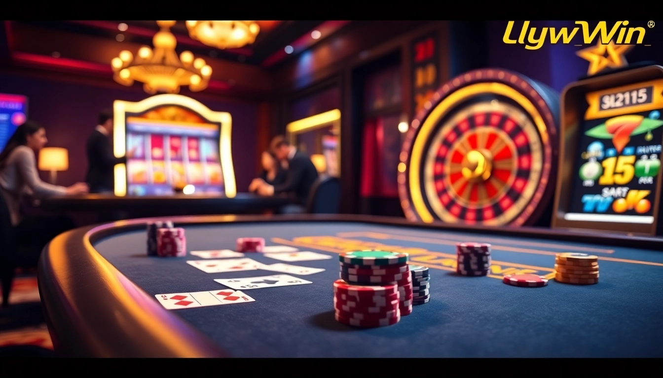 Experience the excitement of LuckyWin at a luxurious casino table with vibrant poker chips and cards.