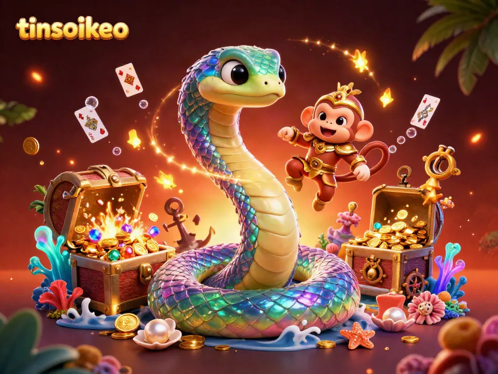 Engage with tinsoikeo's vibrant fantasy illustration featuring a rainbow serpent and monkey king among treasures.