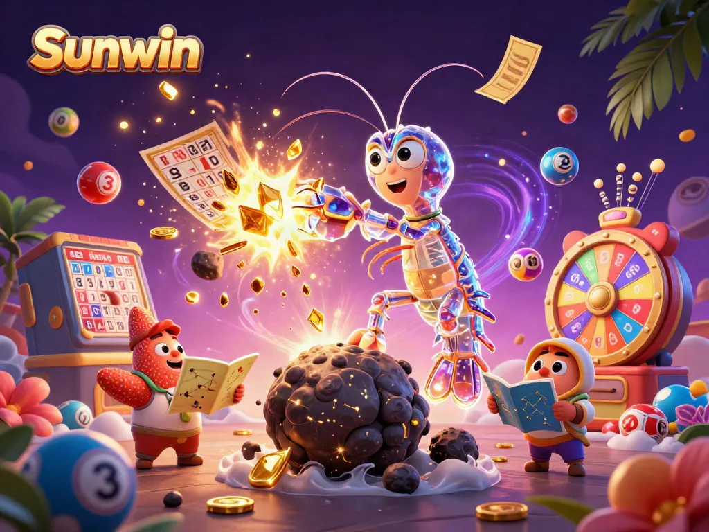 Engage with Sunwin's vibrant casino experience featuring colorful game elements and characters in a dynamic 3D scene.