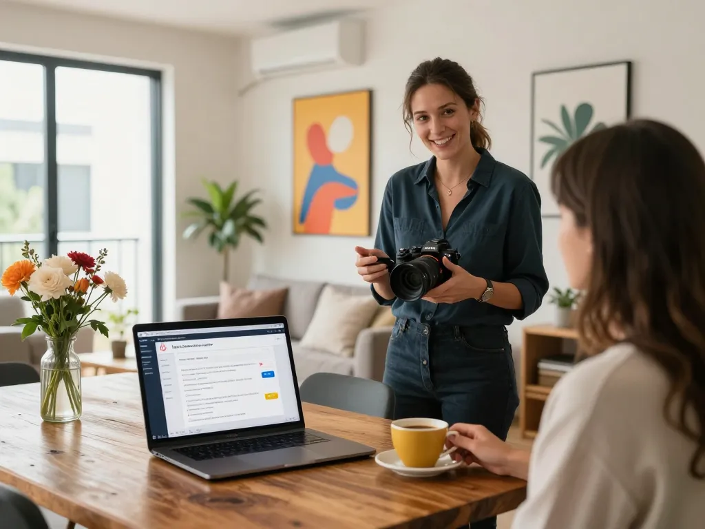 Engaging Airbnb management Melbourne consultation with a property manager in a stylish apartment interior.