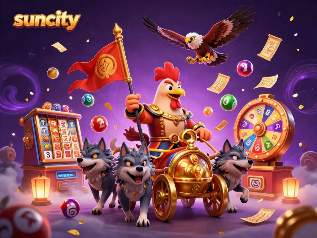 Win big with suncity in a vibrant casino scene featuring a rooster warlord and dynamic game elements
