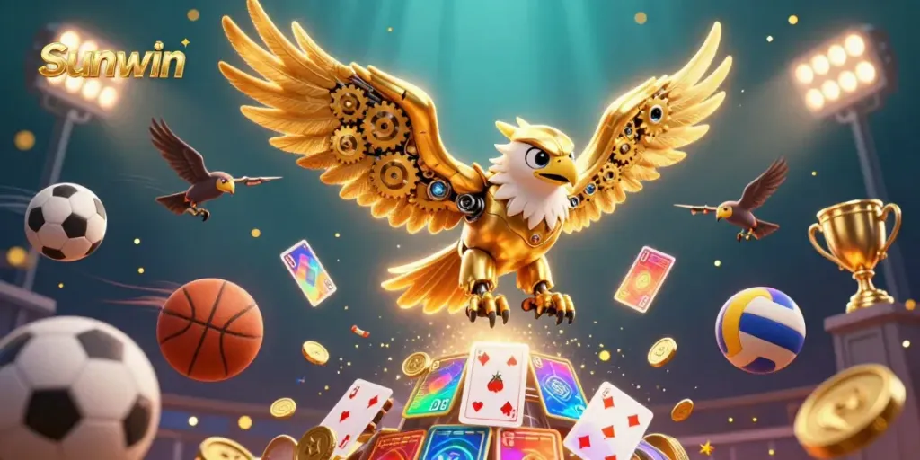 Experience thrilling action with Sunwin, as a cybernetic eagle dives through holographic cards amidst dynamic sports elements.