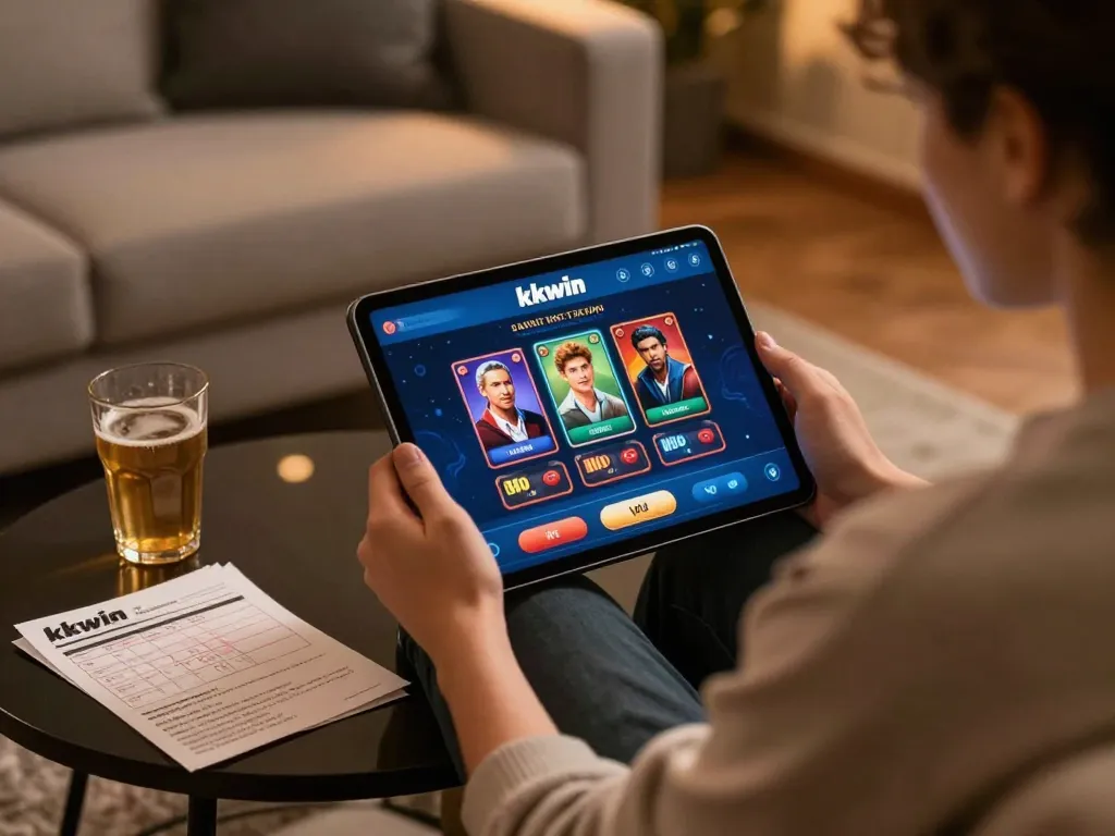 Player engaging with the kkwin casino app on a tablet, surrounded by strategy notes and a cozy environment.