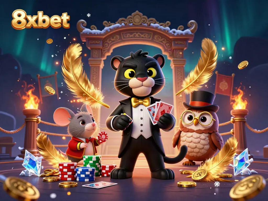 Engage in thrilling gameplay with 8xbet's mesmerizing casino scene featuring stylish characters.