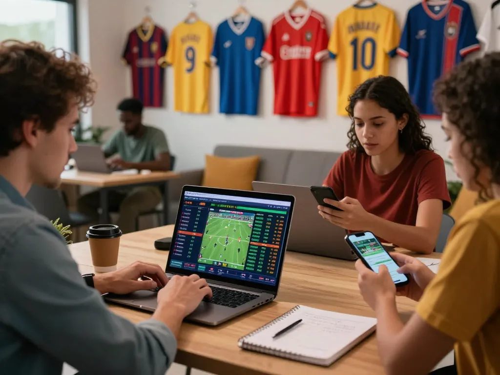 Engaging scene of diverse individuals analyzing tỷ lệ kèo trực tuyến while placing live sports bets in a modern betting environment.