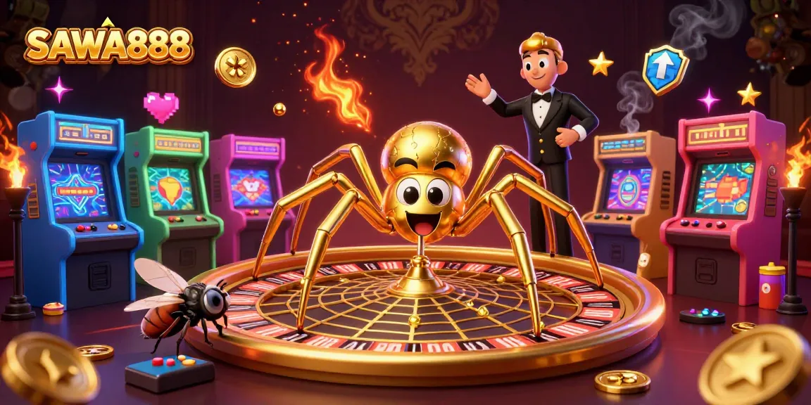 Experience thrilling gameplay with SAWA888 as a golden spider spins fortune in a vibrant casino.