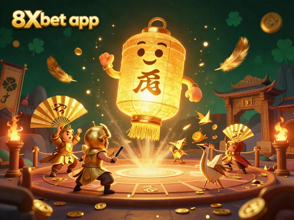 Experience the thrill of the 8Xbet app with vibrant characters and energetic casino elements in a golden-themed illustration.