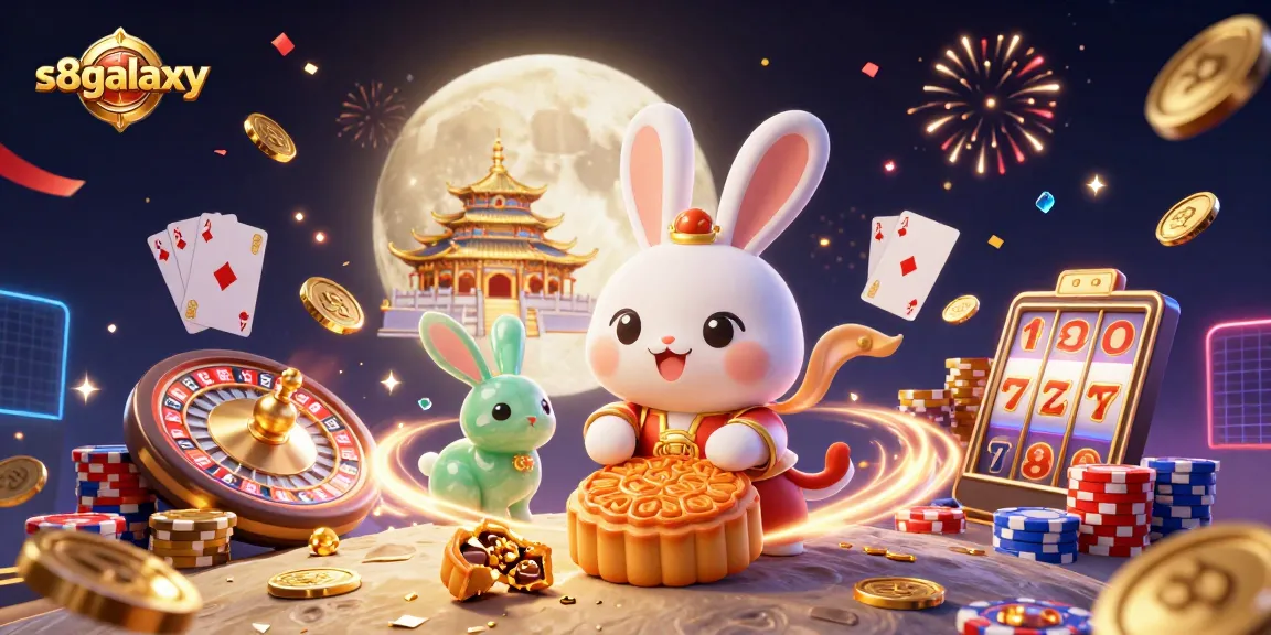 Immerse in s8galaxy with a vibrant scene of a moon rabbit and poker chips surrounded by golden coins and celebratory fireworks.