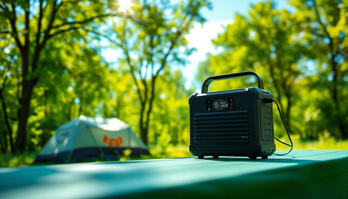 Showcasing the EcoFlow portable power station in a tranquil outdoor setting with lush greenery.