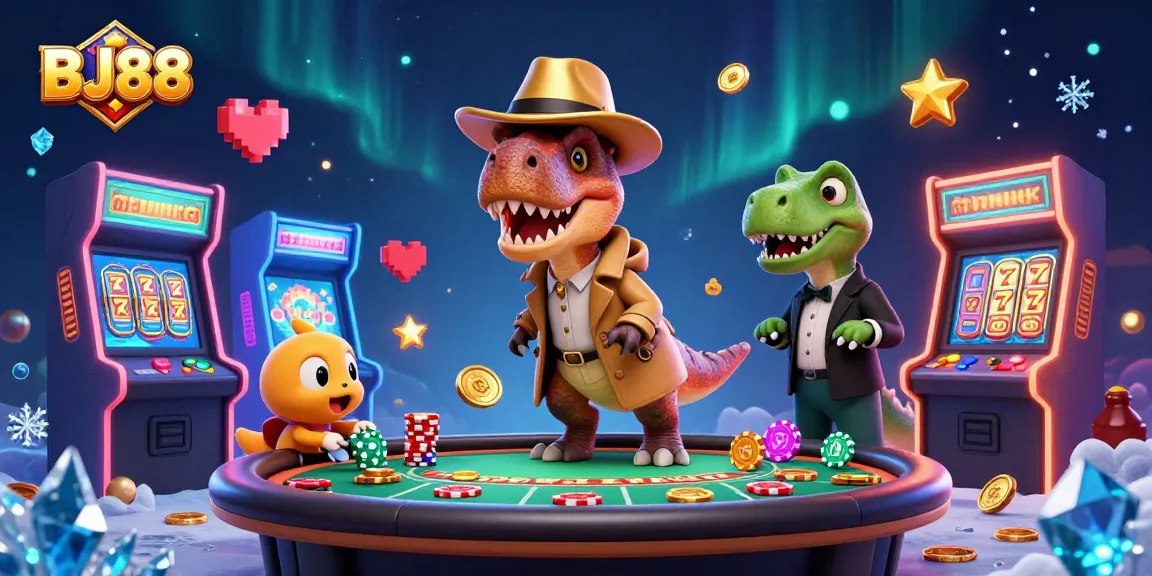 Engage with BJ88 at a vibrant casino scene featuring exciting game elements, action, and colorful characters.