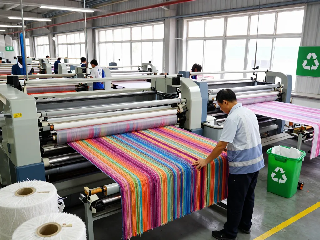 Sunwin textile manufacturing workers inspecting vibrant fabric rolls in a modern facility for quality assurance.