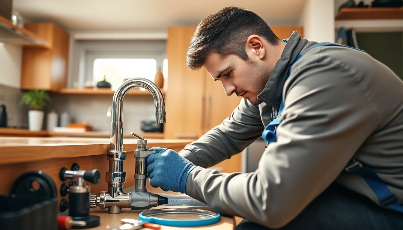 Skilled plumber near me repairing a leak in a bright kitchen.