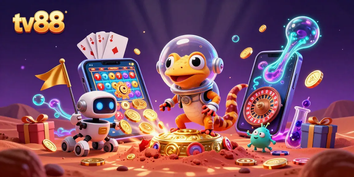 Experience the thrills of tv88 as a gecko explores a golden casino filled with treasures.