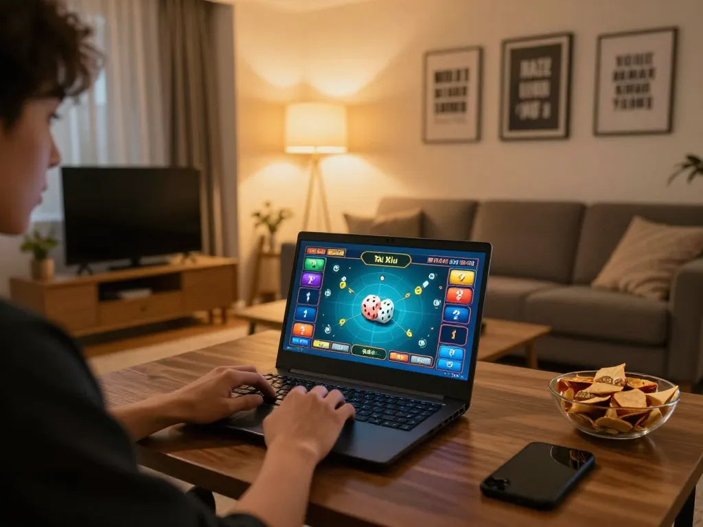 Tài Xỉu online player enjoying a game at home setup with strategic gameplay on screen