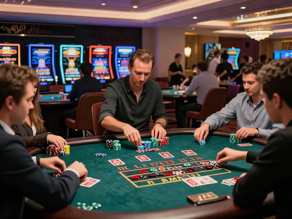 Engaging casino scene at https://lu88.vote/ showcasing live dealer action and players enjoying their games in a vibrant, modern environment.