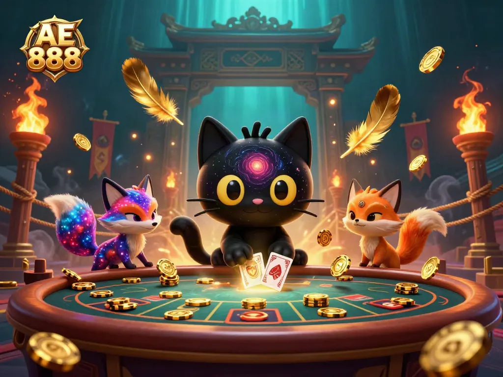 Experience AE 888 casino thrills as a black hole cat pulls in chips and cards at a cosmic table.
