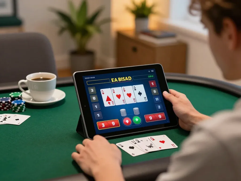 Go8 player engaging in strategic poker gameplay on a tablet at home, creating a comfortable gambling experience.