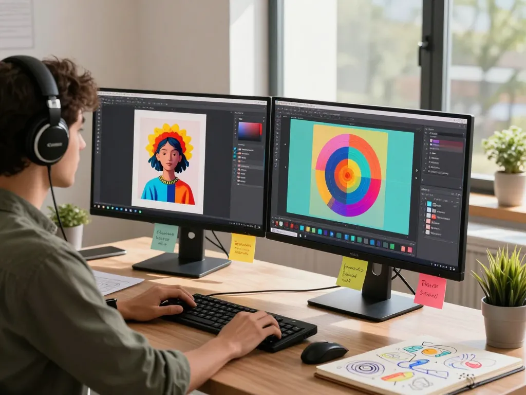 Designer utilizing nano banana 2 AI image editor in modern workspace, creating vibrant visuals.