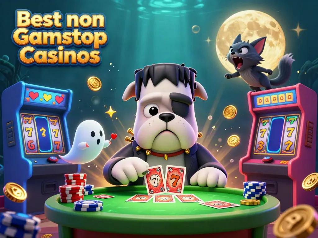 Engaging illustration for Best non Gamstop Casinos featuring a Frankenstein bulldog dealing cards at a vibrant casino table.