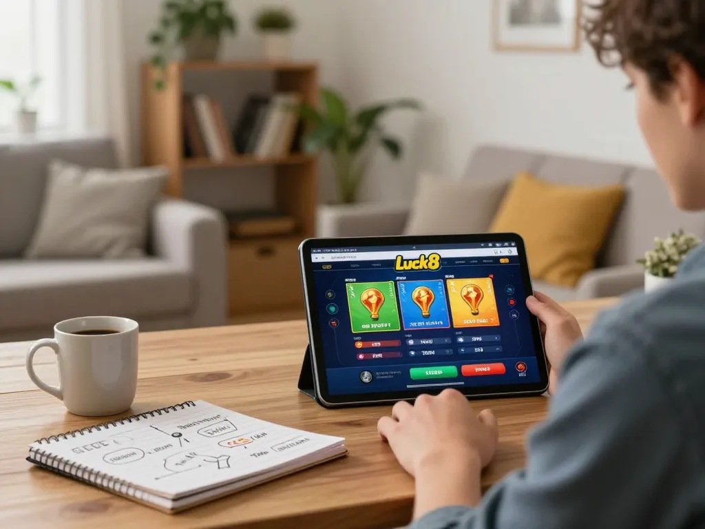 Engage in online gaming at Luck8 com with a tablet in a cozy home office setting.