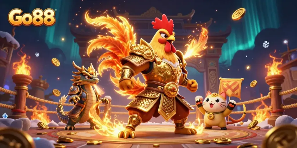 Engage in thrilling gameplay with Go88 featuring a rooster warrior and dragon amidst dynamic casino elements.