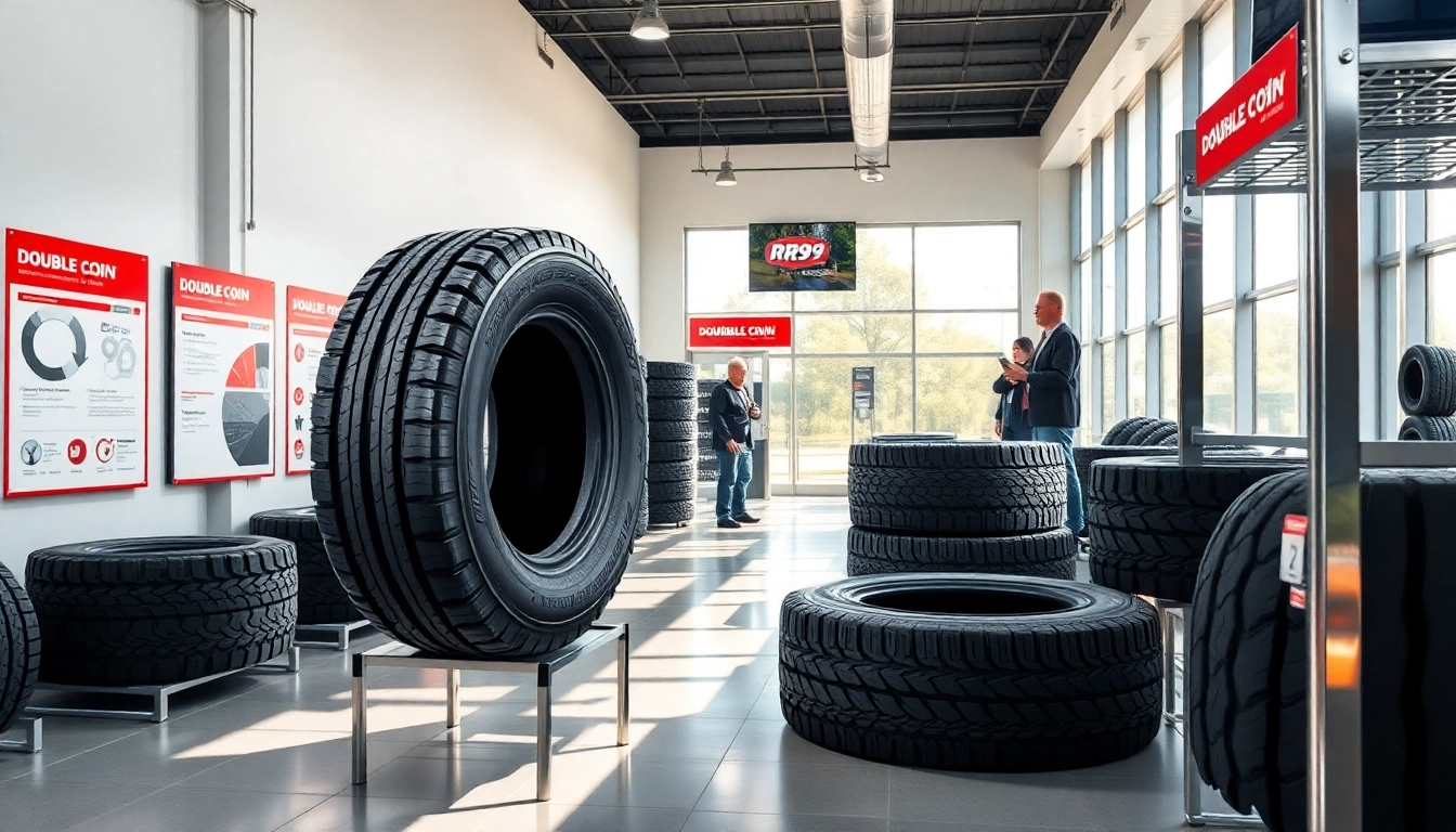 Showcase of RR99 all-position tire in a professional tire showroom with robust tread patterns and engaging customer service.