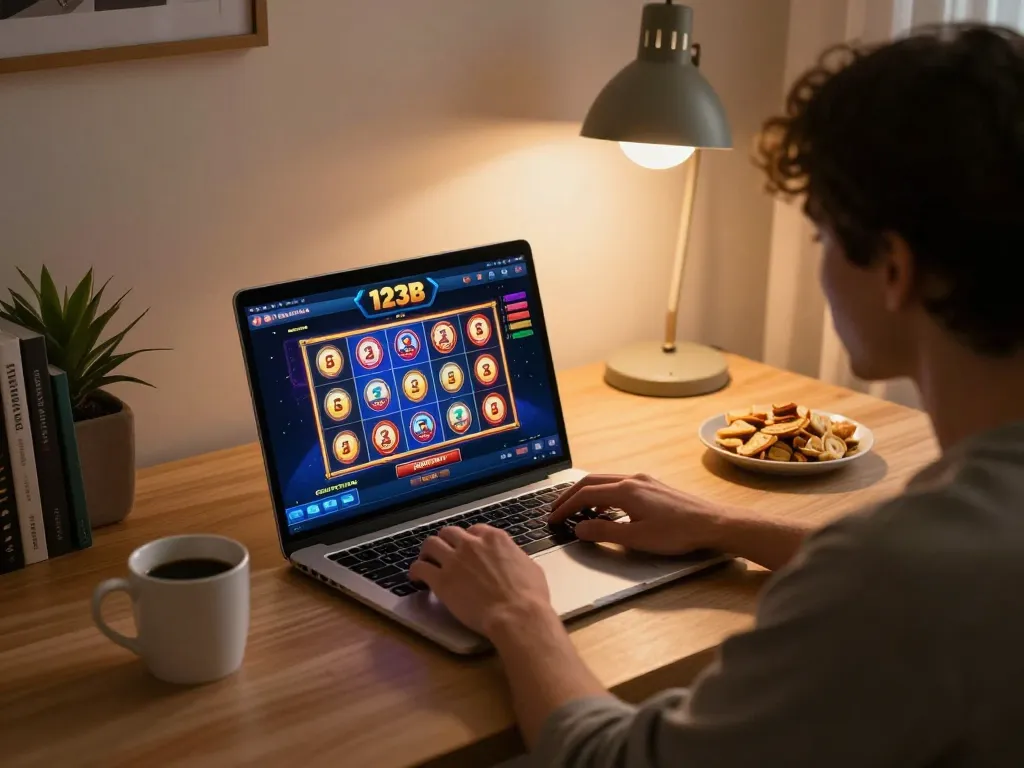 Engage with the exciting online gaming experience at 123B, featuring a player preparing to play vibrant slot games.