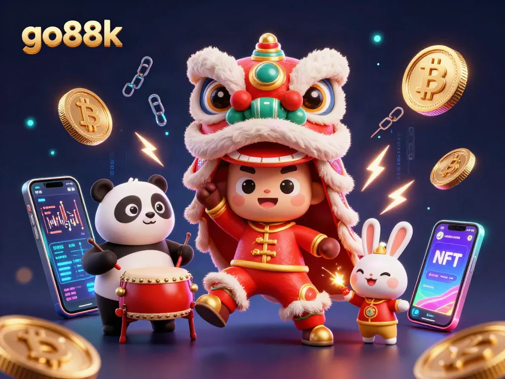 Experience go88k's thrilling action with a vibrant lion dance, crypto elements, and festive characters.