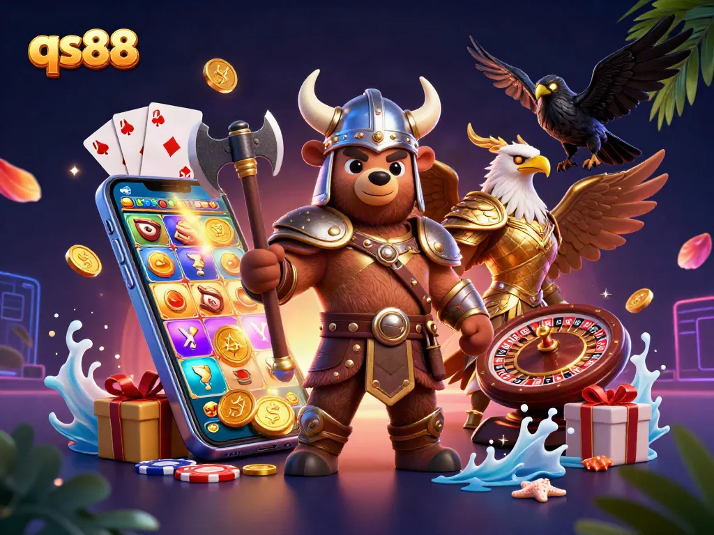 Engage in thrilling slot adventures at qs88 with a Viking berserker and Valkyrie eagle amidst gold coins and gaming elements.