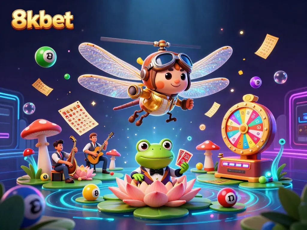 Experience thrilling gameplay with 8xbet, where a dragonfly pilot and frog croupier create casino excitement.