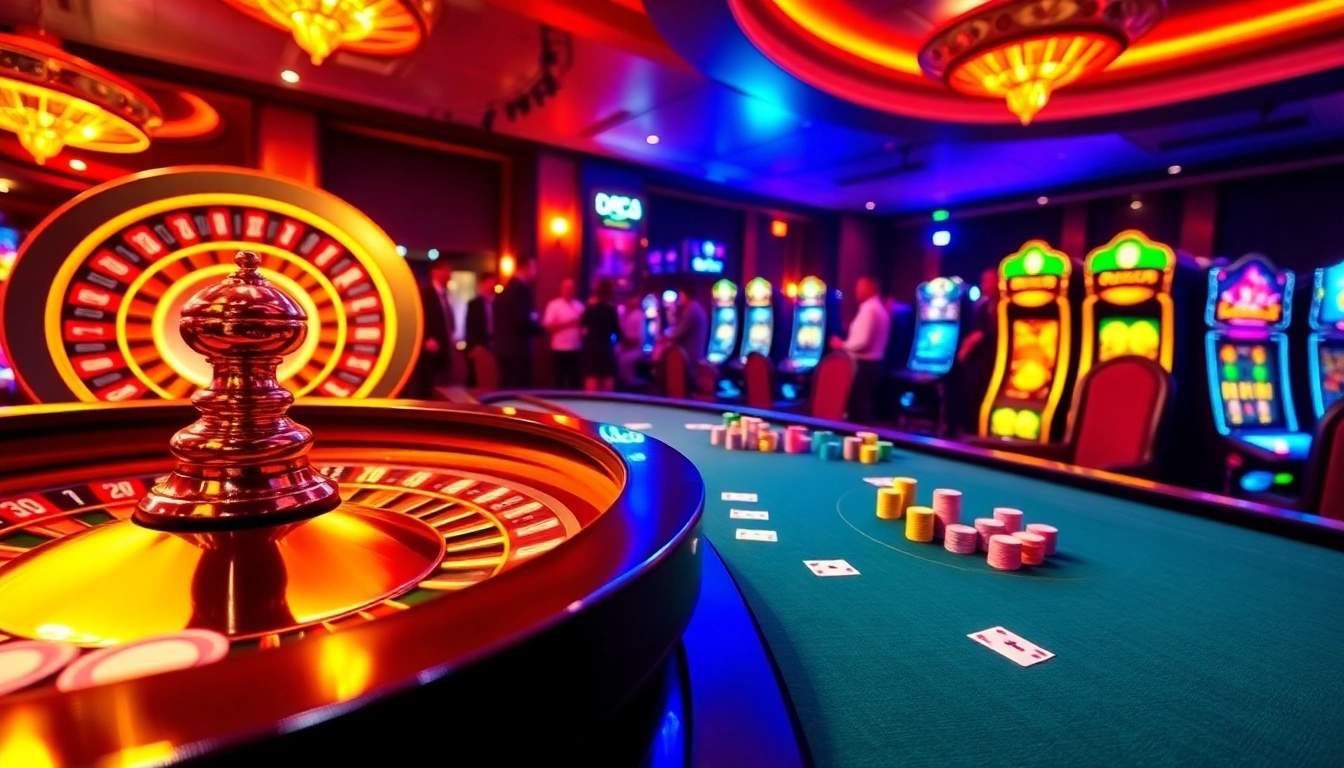 Daga casino scene with vibrant poker table, spinning roulette wheel, and excited players.