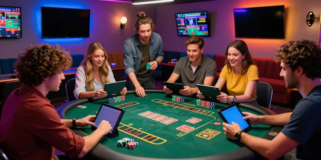 Friends enjoying games not on GamStop at an online casino setting.