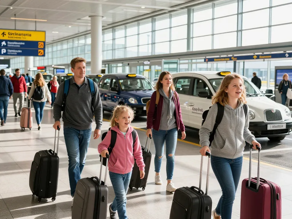 Family arriving at Leeds airport for a trip, showcasing a Cheap airport taxi leeds service.
