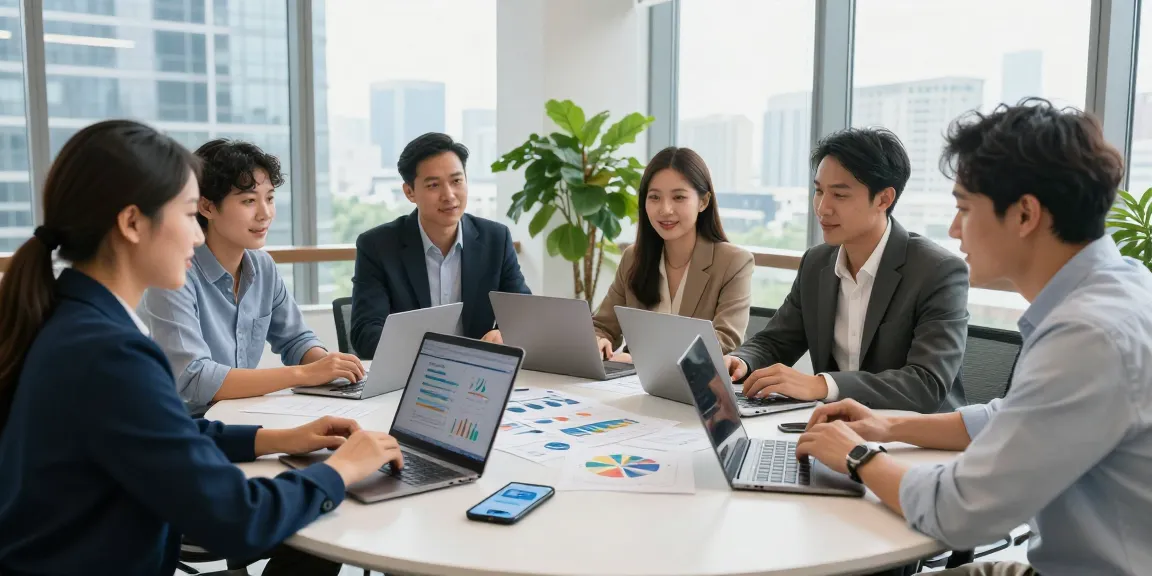 Collaborative team discussing bolt ons business solutions in a modern office.