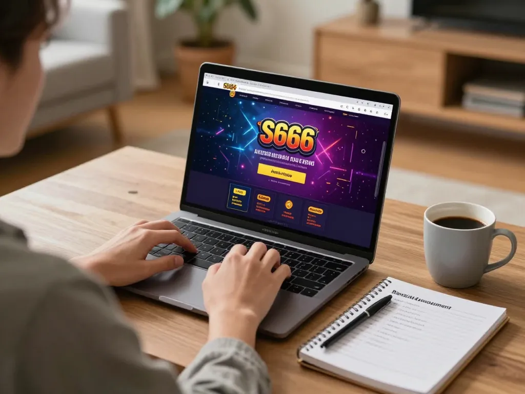 S666 online gambling setup featuring laptop gameplay and bankroll management notes.