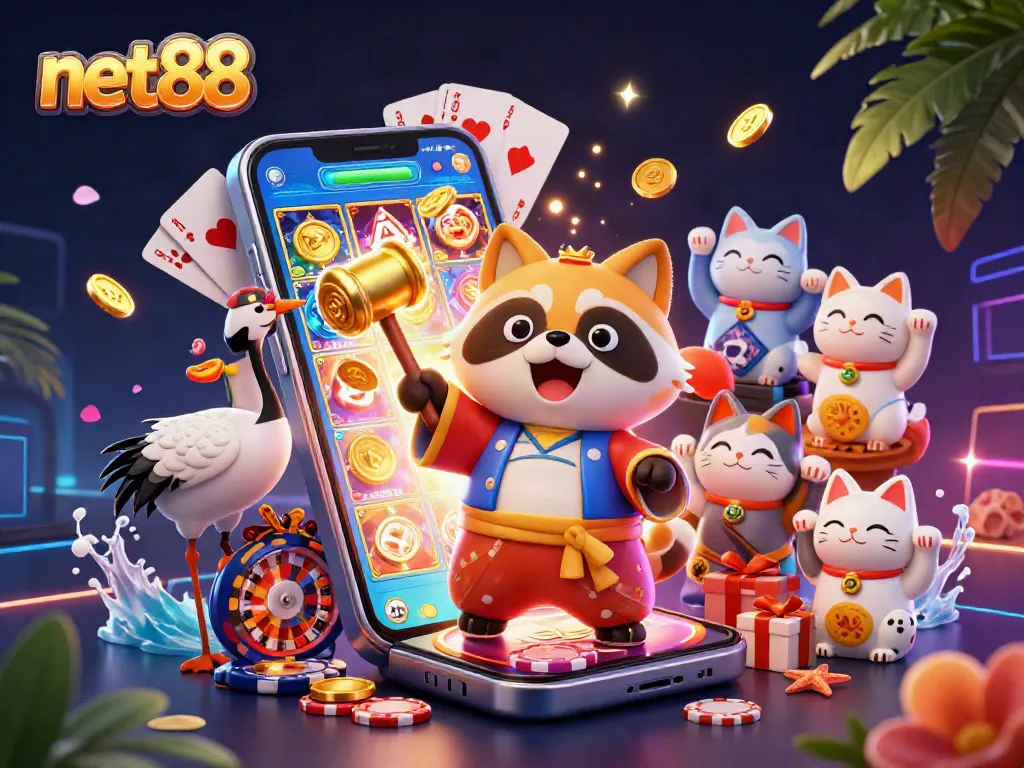Experience thrilling gameplay with net88 featuring a cheerful raccoon dog and lucky symbols.