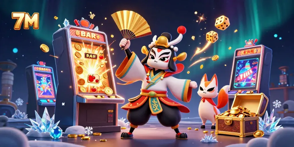 Engage with 7M's dynamic gambling scene featuring kabuki characters and vibrant casino elements.