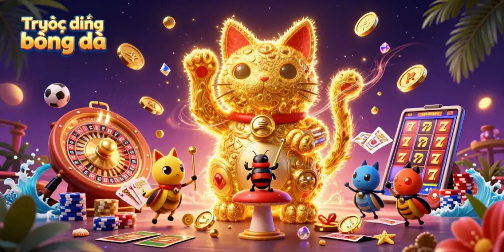 Experience Trực tiếp bóng đá with a lively visual of gambling and sports elements in action.
